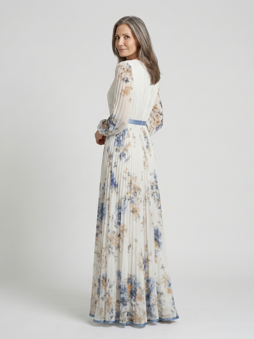 Vestido maxi manga larga con cuello en V floral - fresco y elegante