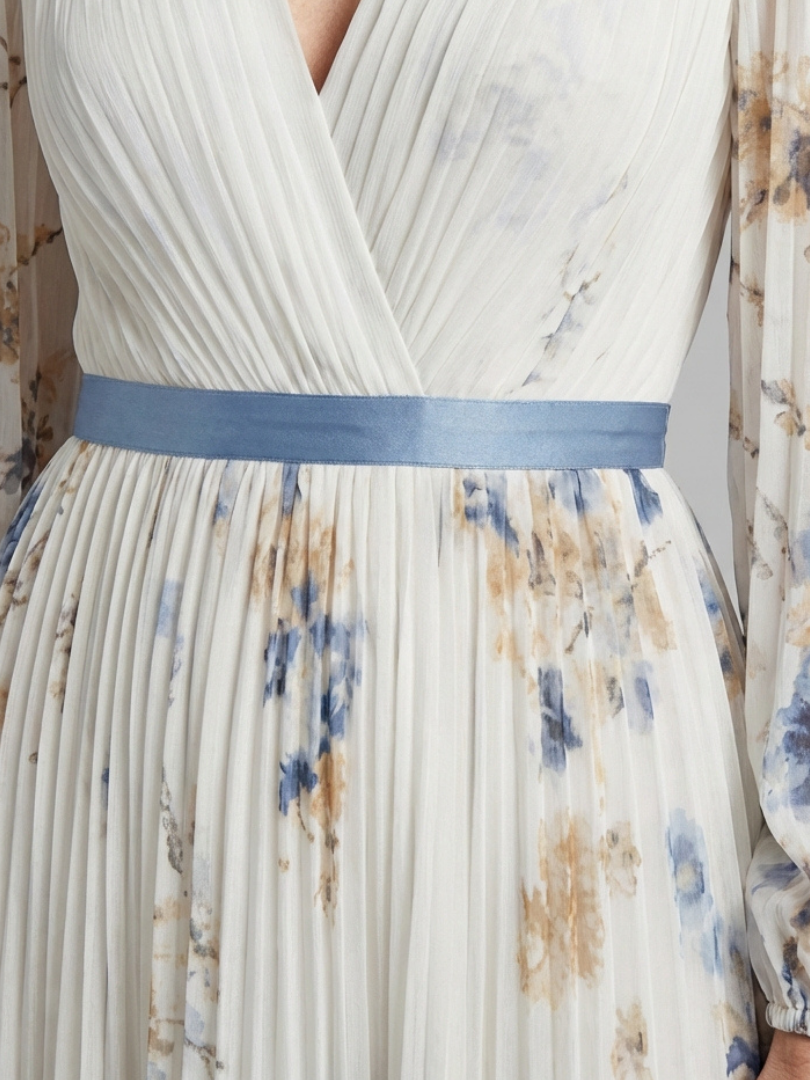 Vestido maxi manga larga con cuello en V floral - fresco y elegante