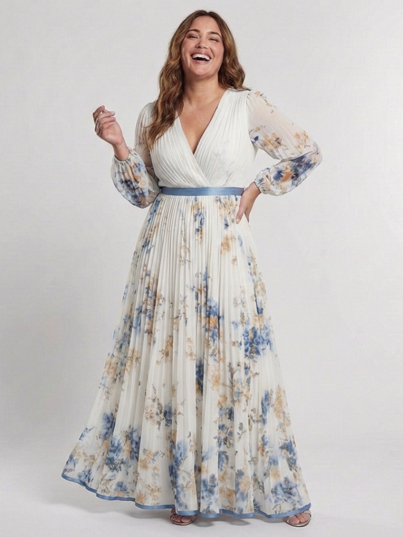 Vestido maxi manga larga con cuello en V floral - fresco y elegante