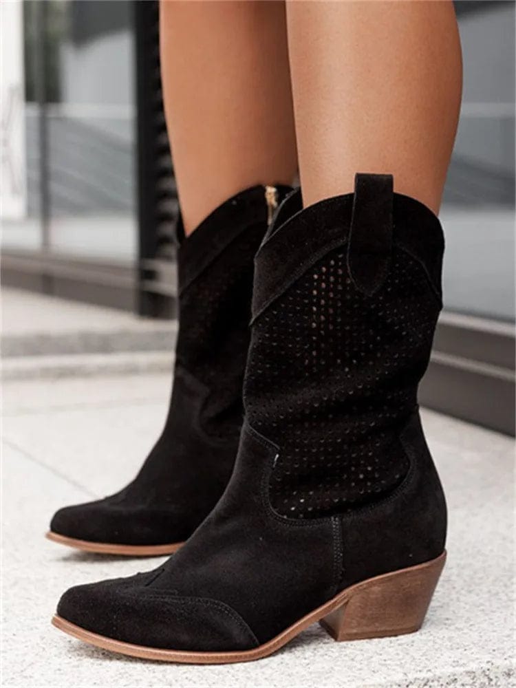Botas ortopédicas de caña media con diseño perforado y tacón cómodo para mujer, elegantes y transpirables para otoño o diario