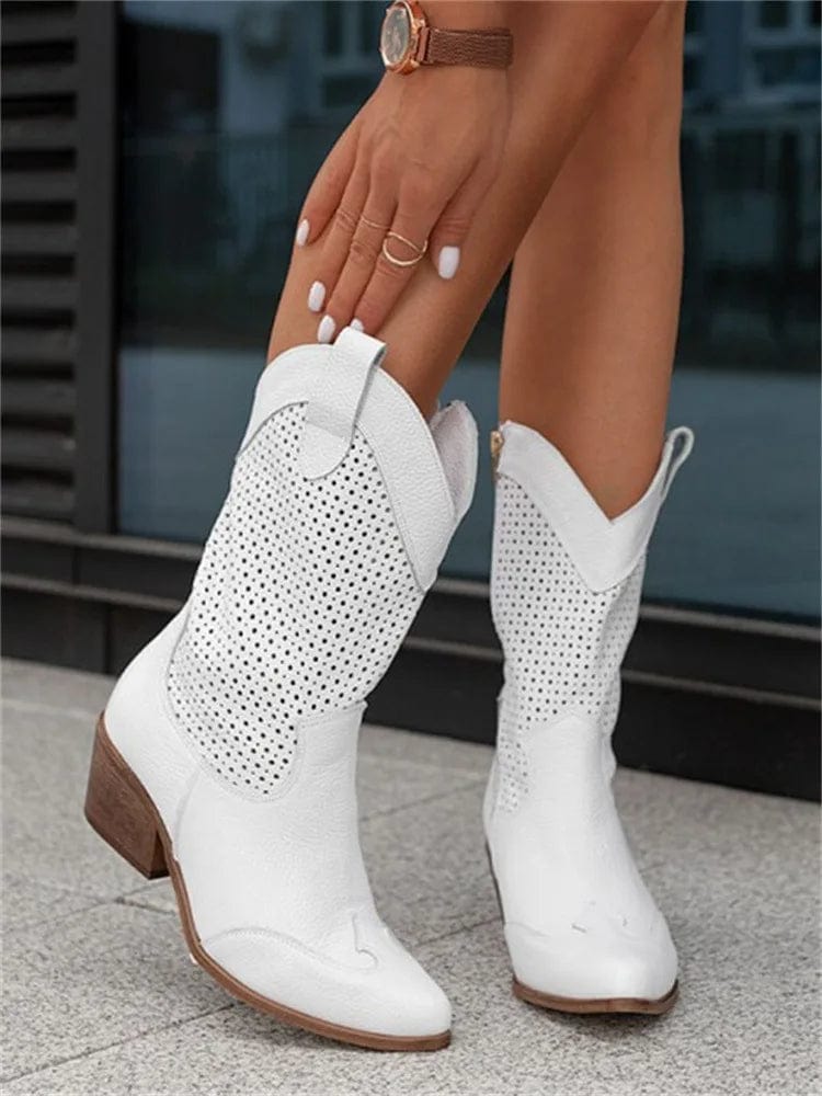 Botas ortopédicas de caña media con diseño perforado y tacón cómodo para mujer, elegantes y transpirables para otoño o diario