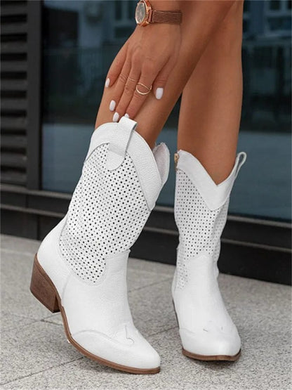 Botas ortopédicas de caña media con diseño perforado y tacón cómodo para mujer, elegantes y transpirables para otoño o diario