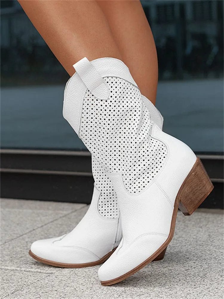 Botas ortopédicas de caña media con diseño perforado y tacón cómodo para mujer, elegantes y transpirables para otoño o diario