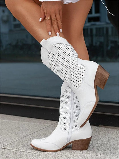Botas ortopédicas de caña media con diseño perforado y tacón cómodo para mujer, elegantes y transpirables para otoño o diario