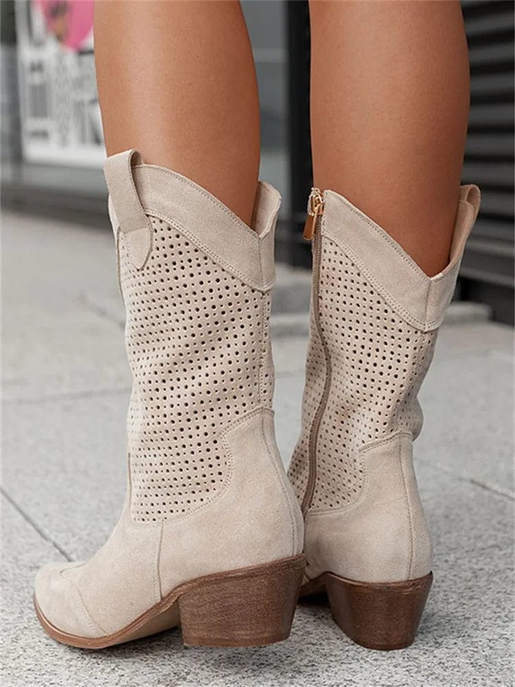 Botas ortopédicas de caña media con diseño perforado y tacón cómodo para mujer, elegantes y transpirables para otoño o diario