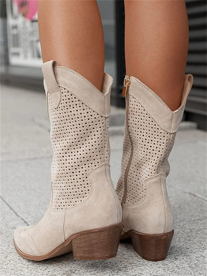 Botas ortopédicas de caña media con diseño perforado y tacón cómodo para mujer, elegantes y transpirables para otoño o diario