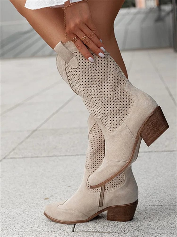 Botas ortopédicas de caña media con diseño perforado y tacón cómodo para mujer, elegantes y transpirables para otoño o diario