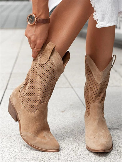 Botas ortopédicas de caña media con diseño perforado y tacón cómodo para mujer, elegantes y transpirables para otoño o diario