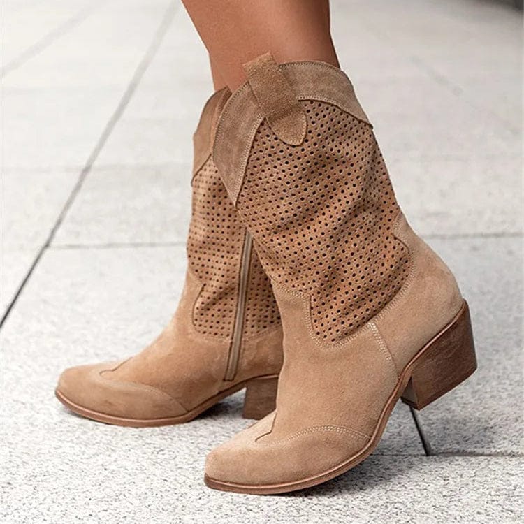Botas ortopédicas de caña media con diseño perforado y tacón cómodo para mujer, elegantes y transpirables para otoño o diario