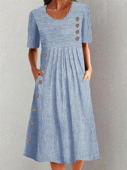 Vestido midi femenino de ajuste elegante y rayas, versátil para trabajo o fiesta