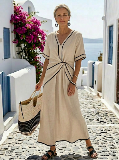 Vestido midi con cuello en V fruncido en Blanco y Rosa - fresco y elegante