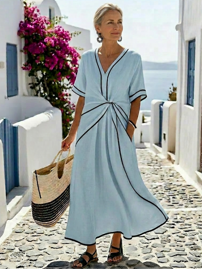 Vestido midi con cuello en V fruncido en Blanco y Rosa - fresco y elegante