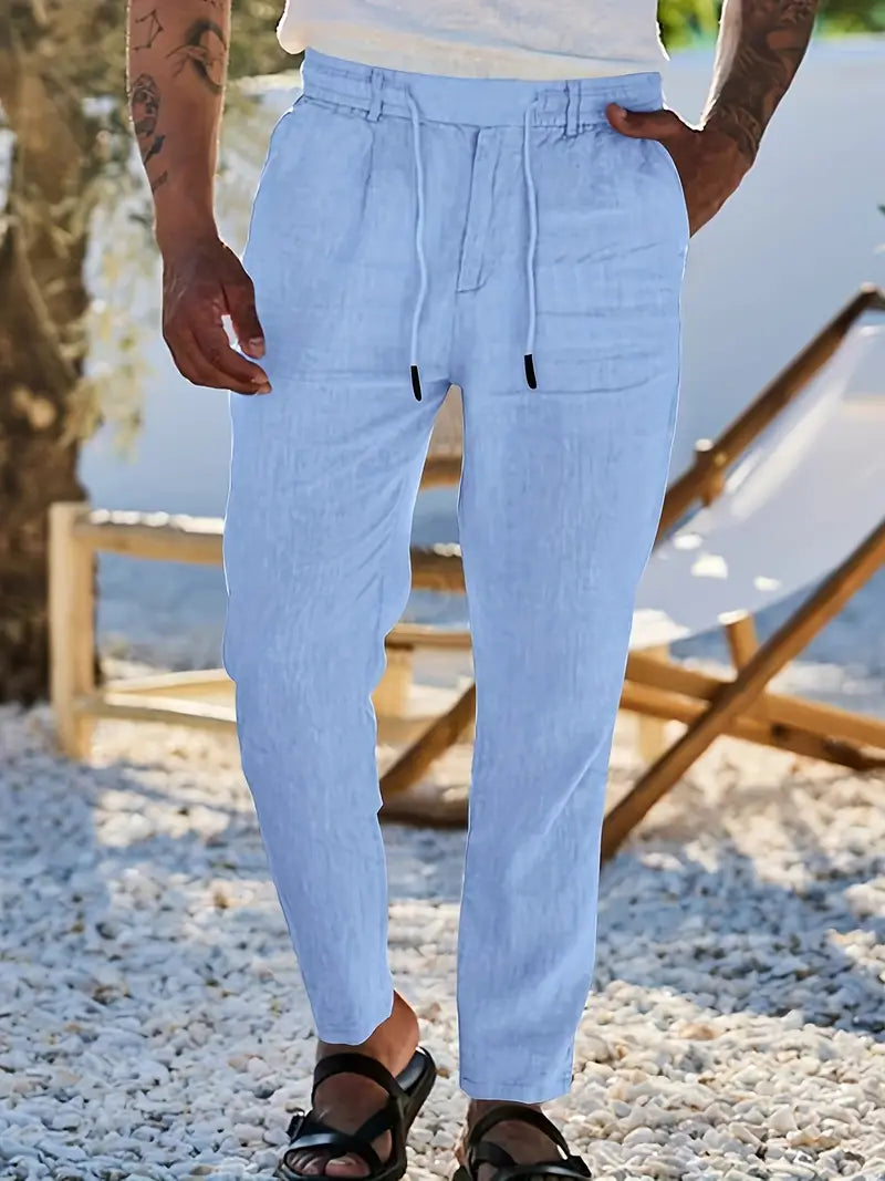 Pantalones anchos de lino con cordón para mujer, ligeros y transpirables para verano o viaje