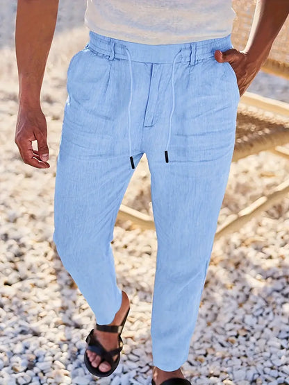 Pantalones anchos de lino con cordón para hombre - fresco y elegante
