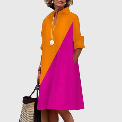 Vestido elegante con botones frontales, cuello camisero y bolsillos laterales para mujer, ligero y versátil para oficina o diario