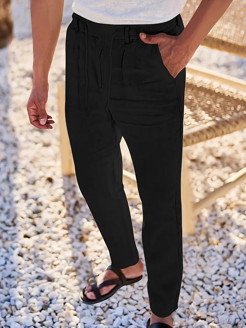 Pantalones anchos de lino con cordón para hombre - fresco y elegante