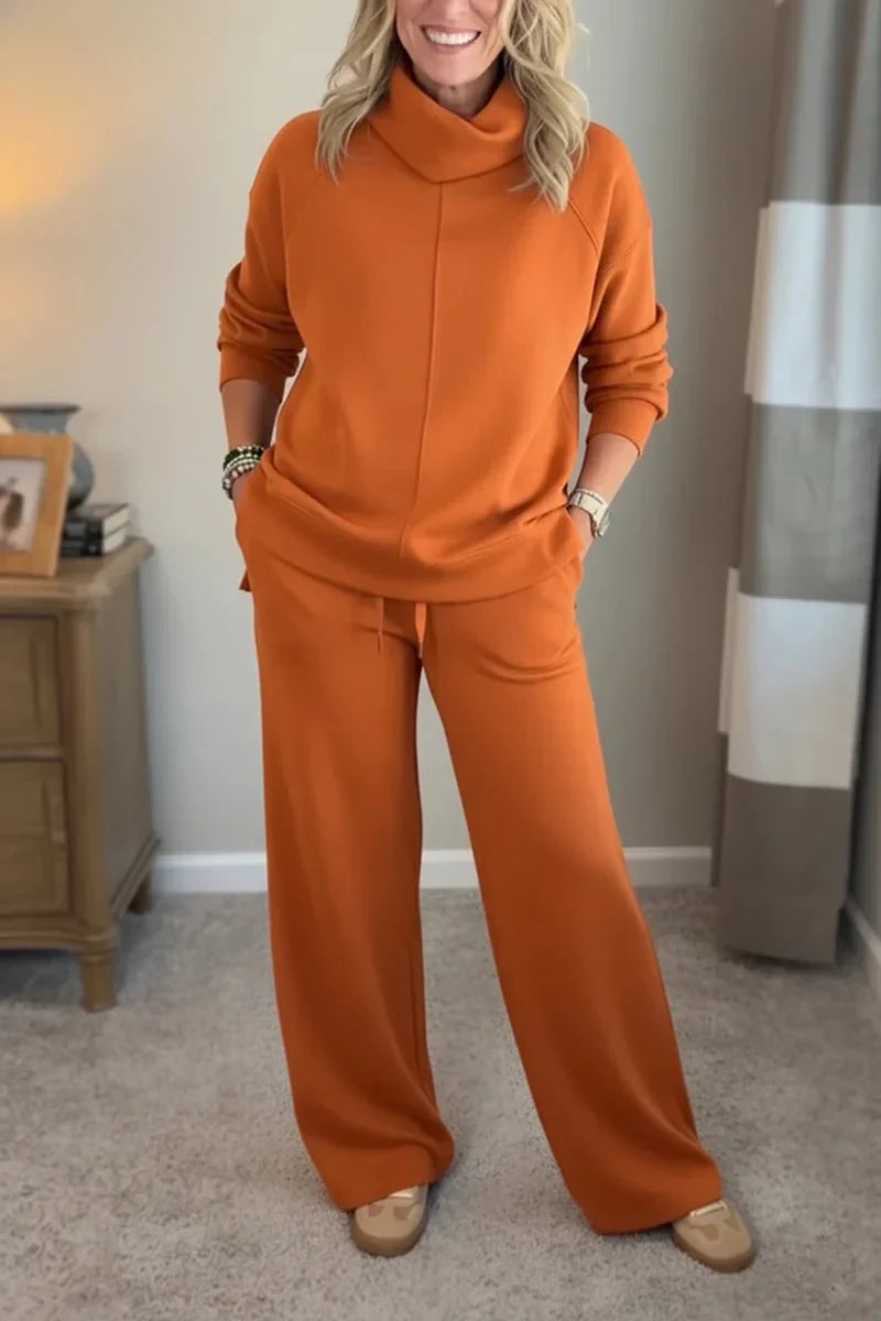 Elegante conjunto informal de dos piezas para mujer con top de cuello alto y pantalón ancho cómodo