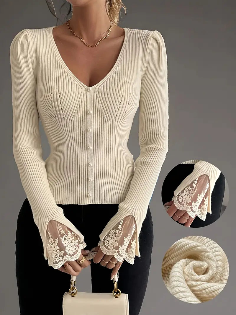 Blusa de mujer con cuello en V y mangas de encaje, elegante y cómoda