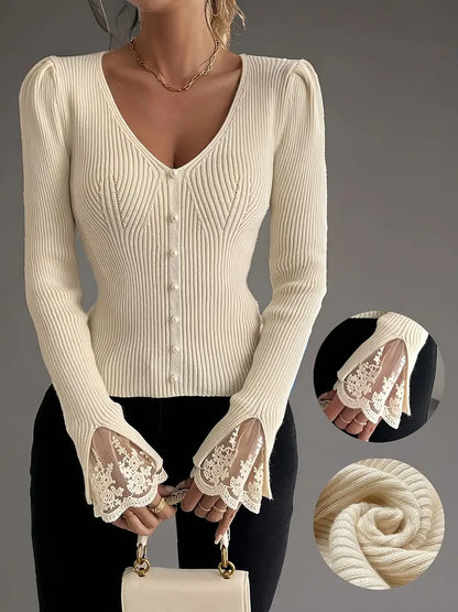 Blusa de mujer con cuello en V y mangas de encaje, elegante y cómoda