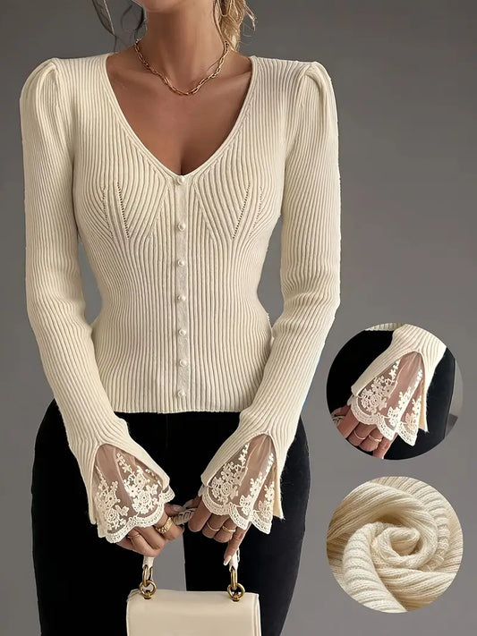 Blusa de mujer con cuello en V y mangas de encaje, elegante y cómoda