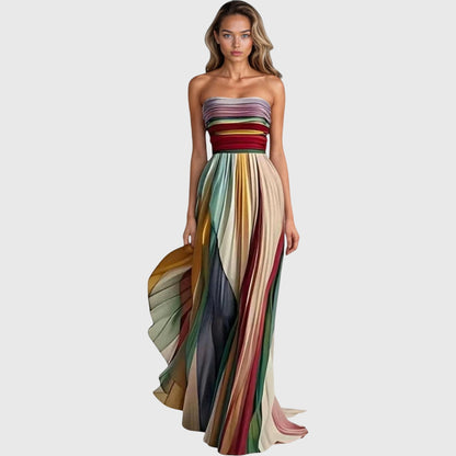 Vestido largo premium sin tirantes con diseño a rayas multicolor y falda fluida para mujer