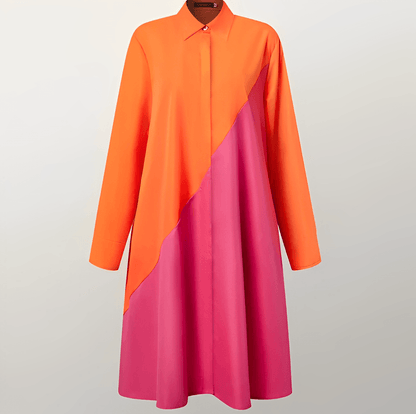 Chela | Vestido moderno con cuello vuelto y camisa de lino de manga tres cuartos y escote en pico