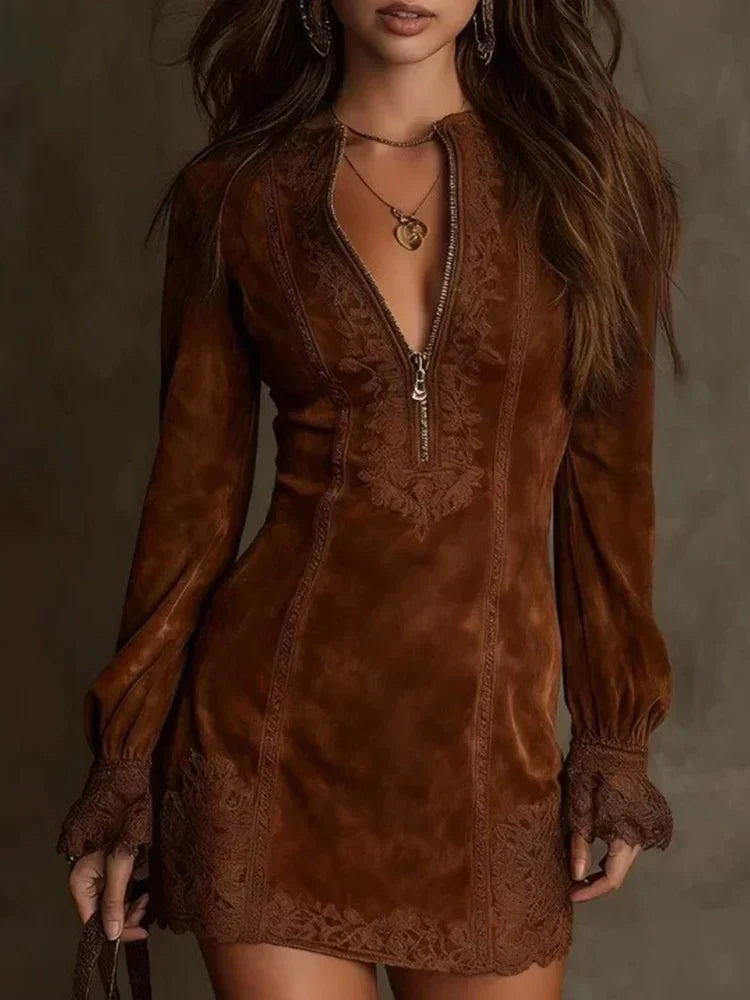 Eloise | Women's Lace Long Sleeve Mini Dress - Navy - Image 5