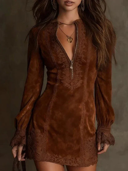 Eloise | Women's Lace Long Sleeve Mini Dress - Navy - Image 5