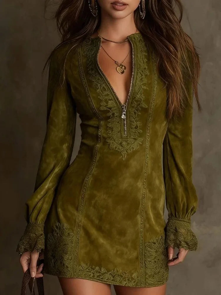 Alia | Vestido Mini con Encaje Mangas Largas Bohemio