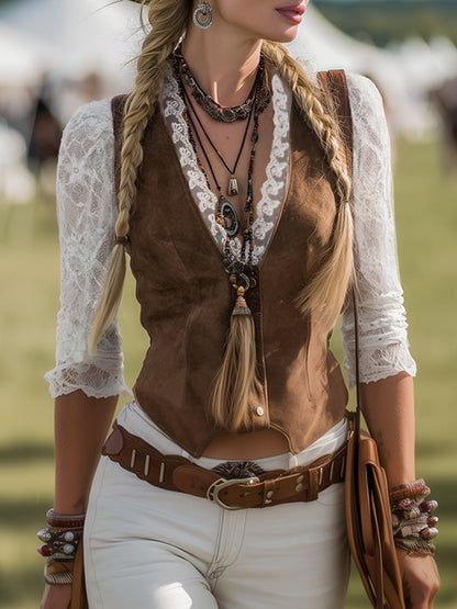 Elowen | Women's Western Lace Long Sleeve Blouse - Brown - Image 6