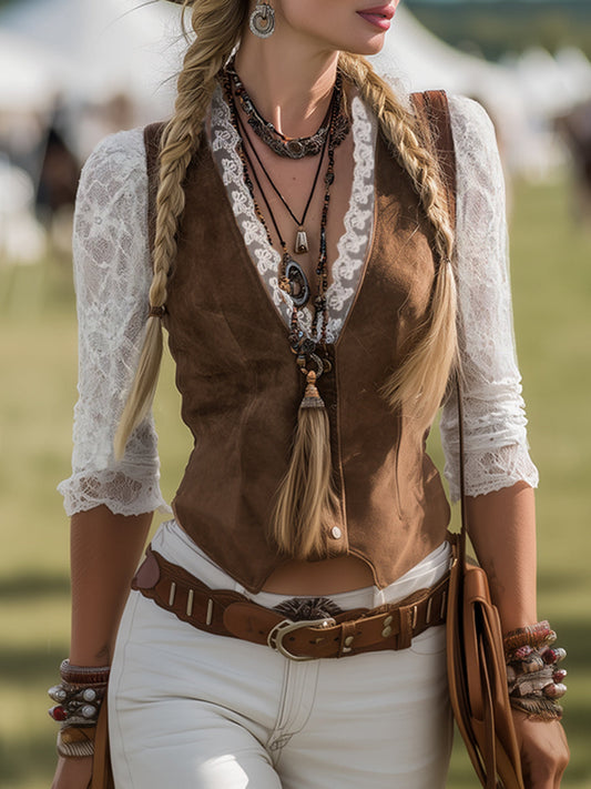 Elowen | Women's Western Lace Long Sleeve Blouse - Brown - Image 6
