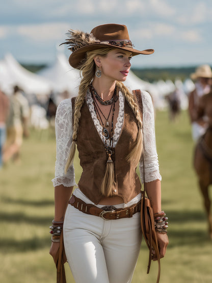 Blusa Western Encaje Manga Larga Marrón Encaje