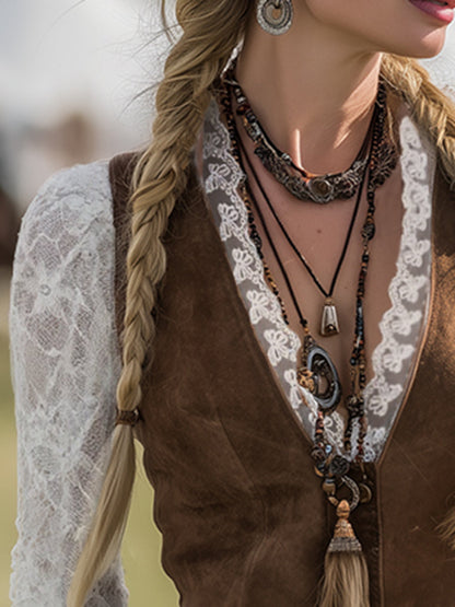 Blusa Western Encaje Manga Larga Marrón Encaje