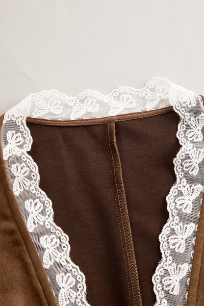 Blusa Western Encaje Manga Larga Marrón Encaje