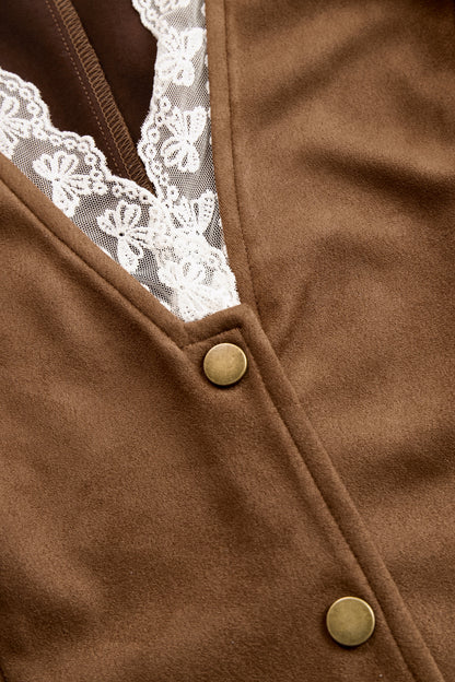 Blusa Western Encaje Manga Larga Marrón Encaje