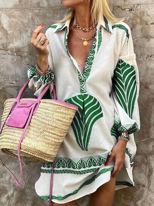 Elysia | Women's V-Neck Printed Long Sleeve Mini Dress - White - Image 4