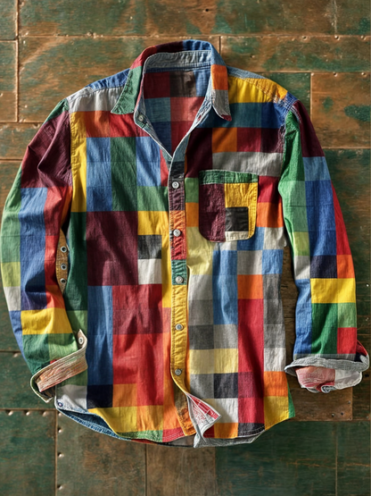 Camisa patchwork premium con botones para hombre - fresca y elegante