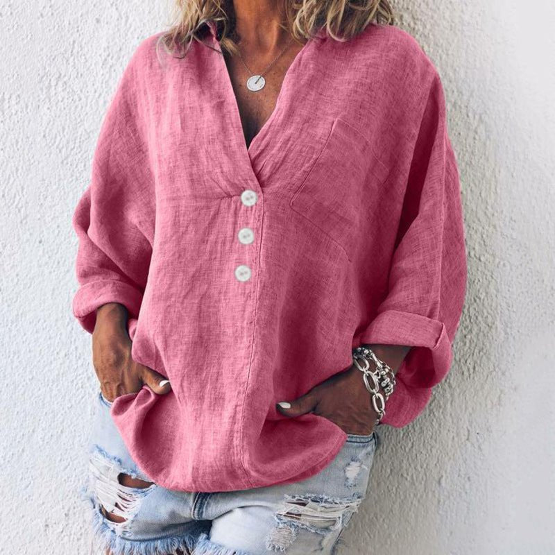 Evangeline | Women's V-Neck Button Down Blouse - Pink - Image 5