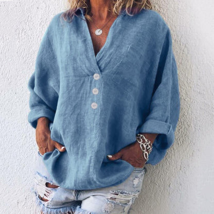 Blusa de vestir con cuello en V y botones para mujer