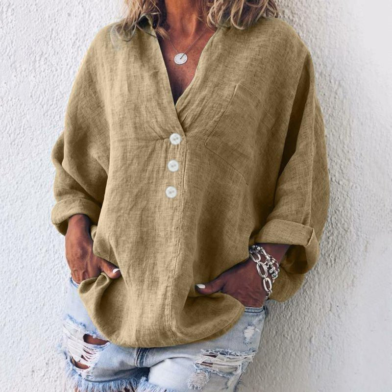 Blusa de vestir con cuello en V y botones para mujer