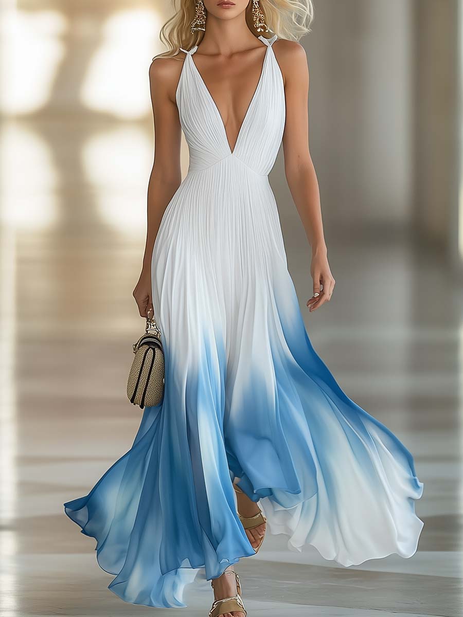 Evelina | Women's V-Neck Gradient Maxi Dress - Blue - Image 6
