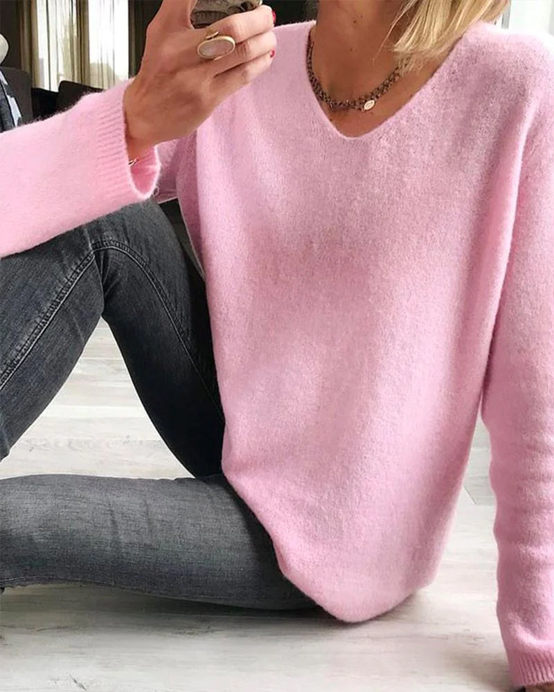Evelina | Women's V Neck Long Sleeve Sweater - Pink - Image 1