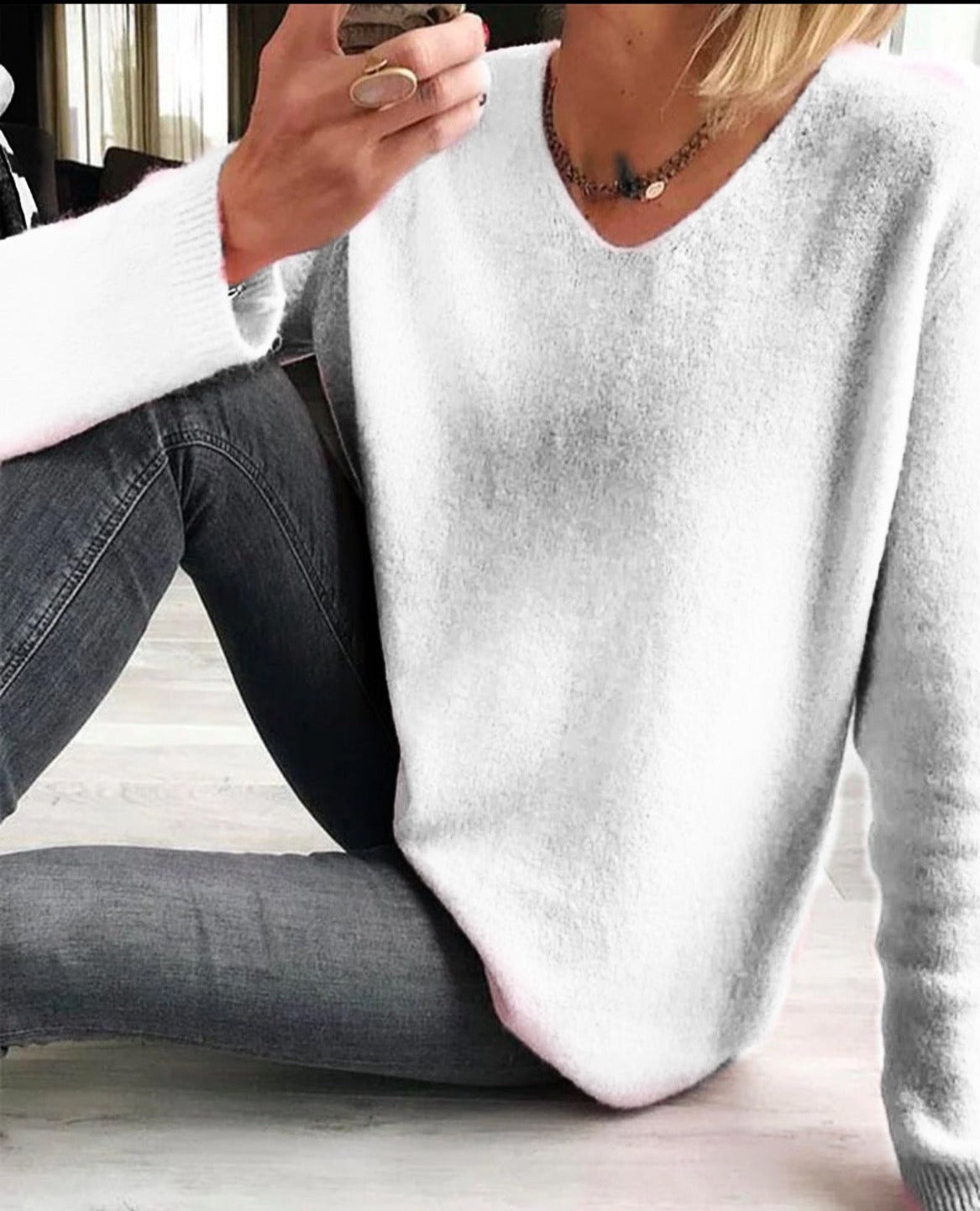 Jersey de punto suave con cuello en V elegante para mujer