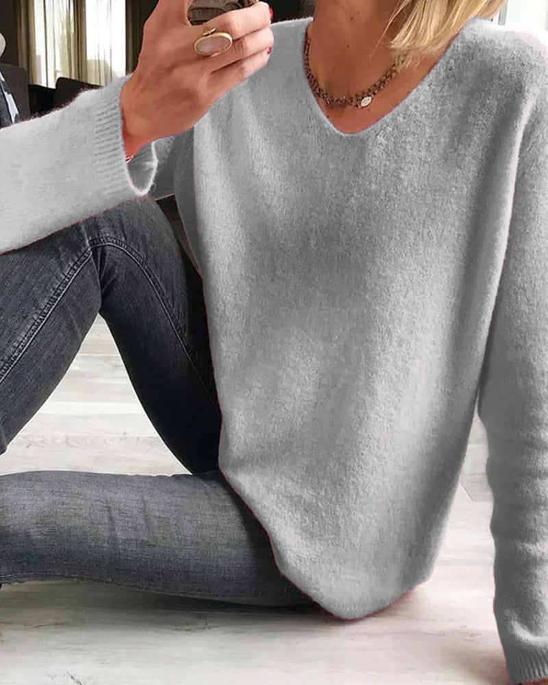 Jersey de punto suave con cuello en V elegante para mujer