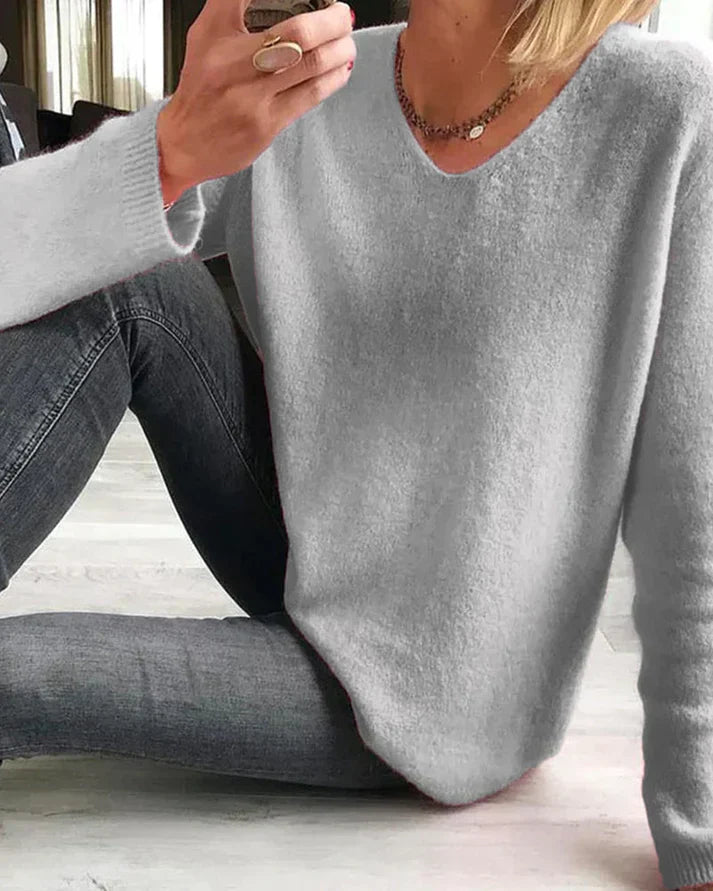 Jersey de punto suave con cuello en V elegante para mujer
