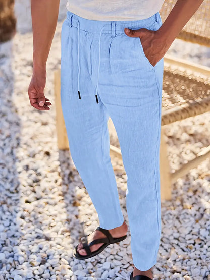 Pantalones anchos de lino con cordón para mujer, ligeros y transpirables para verano o viaje
