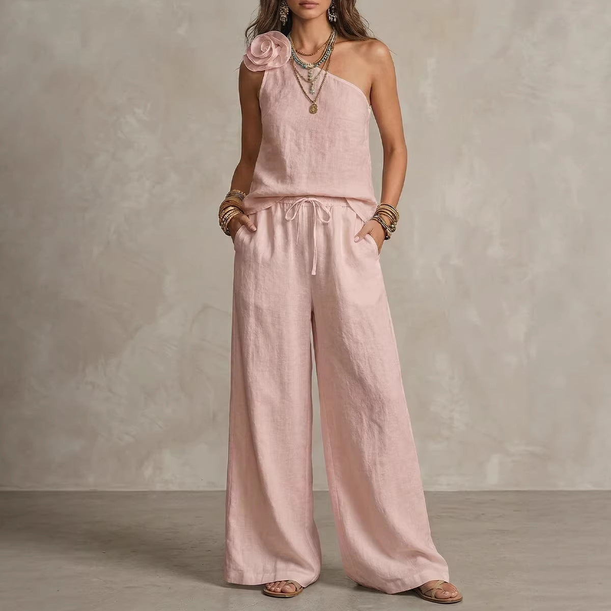 Dual | Conjunto Bicolor Elegante con Camisa Sin Mangas y Pantalones Anchos