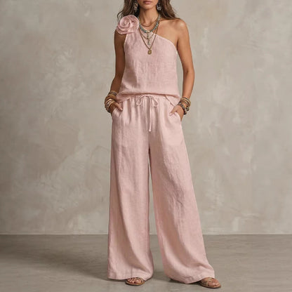 Dual | Conjunto Bicolor Elegante con Camisa Sin Mangas y Pantalones Anchos