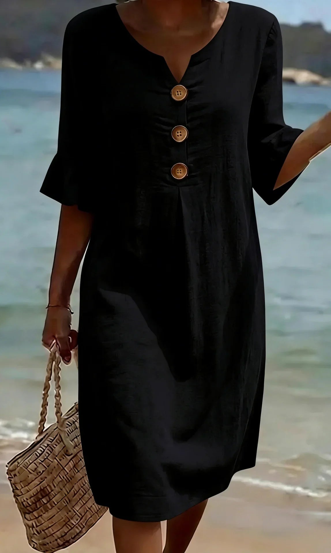 Vestido con Textura de Lino y Manga Abullonada | Estilo Elegante