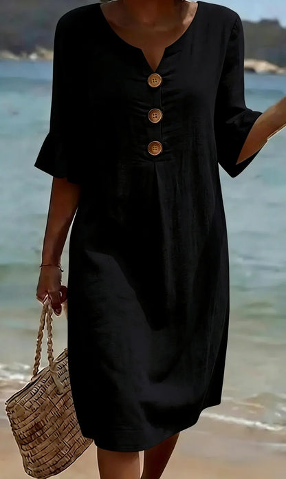 Vestido con Textura de Lino y Manga Abullonada | Estilo Elegante